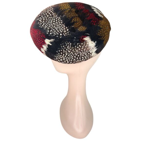 1950s Vintage Feather Tilt Hat Guinea Fowl Pheasant Vintage Percher Millinery - Picture 2 of 10